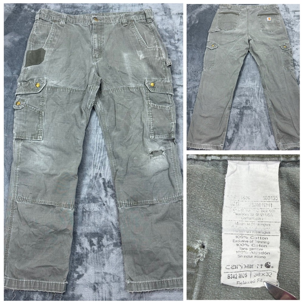 Carhartt Thrashed Double Knee Cargo Work Pants Moss Green Distressed‎ 38x32